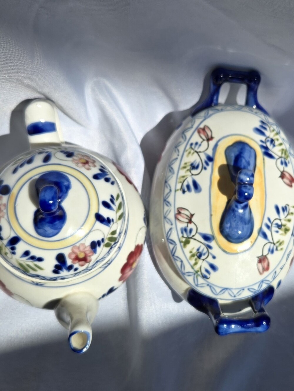 Vintage Hand-Painted Floral Porcelain Teapot & Covered Dish Set Unmarked